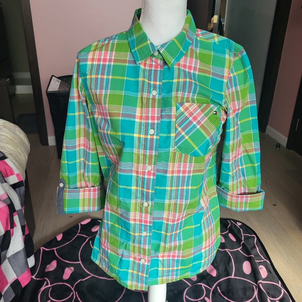 Tommy Hilfiger Colorful Green Pink Plaid Button-Up Shirt With Short Sleeves
